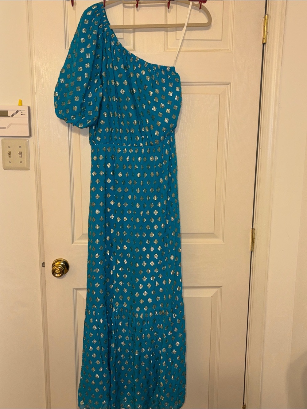 Lilly Pulitzer Zelalynne One-Shoulder Teal Metallic Dot Maxi Dress
